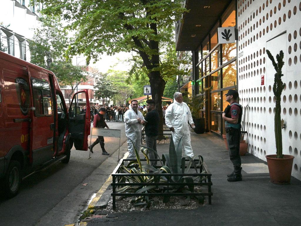 Forensic workers arrive at the hotel where Liam Payne died after falling from the third floor of a hotel. Picture: AFP