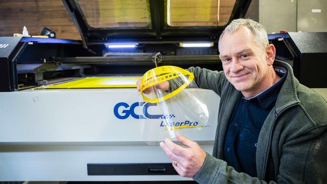 Arts School skills technician Peter Stannard with one of the face shields. Picture: RICHARD JUPE