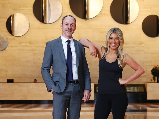 09/09/19 Head of Funds Management at AXA, Brett Dillon with founder of Studio PP, Steph Prem in 101 Collins Street which will soon be opening a fitness and pilates studio to be called Rise by Studio PP. Aaron Francis/The Australian