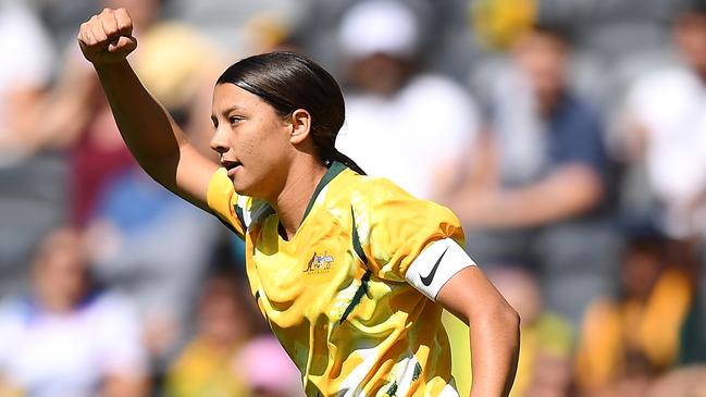 Matildas captain Sam Kerr celebrates scoring against Chile on Saturday. Picture: AAP