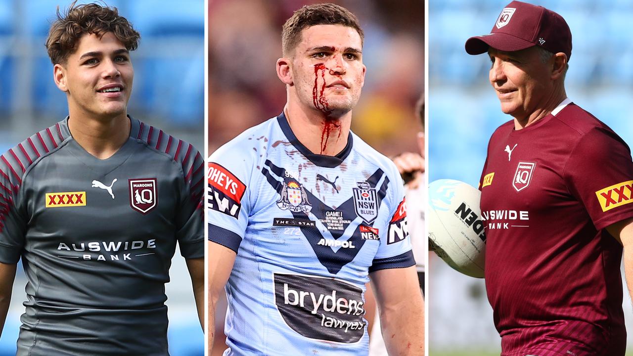 Reece Walsh, Nathan Cleary, and Maroons coach Paul Green.