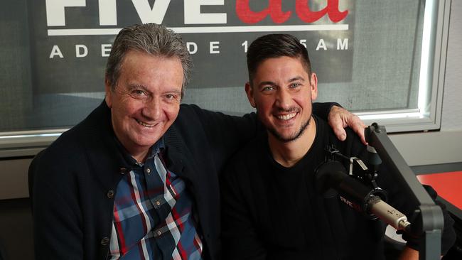 Former Seven newsreader Graeme Goodings with son, FIVEaa brekkie co-host Will Goodings, at the FIVEaa studios. Picture: Dylan Coker.