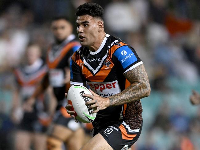 Terrell May on the charge for the Tigers. Picture: NRL Photos