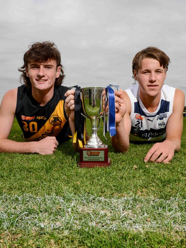 Glenelg skipper Ben Ridgway and South Adelaide captain Tom Wheaton. Picture: Brenton Edwards