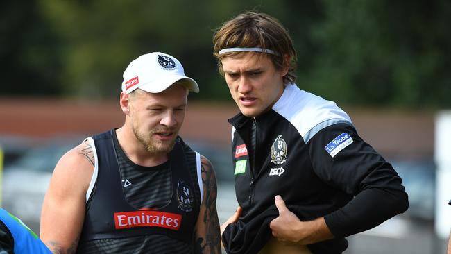 Jordan De Goey and Darcy Moore at training earlier this year. Picture: AAP Image/James Ross