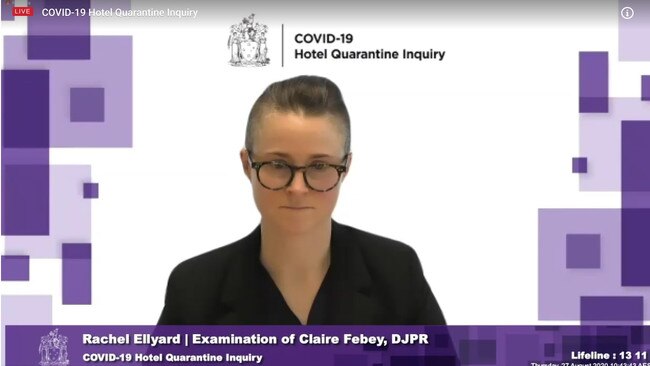 Claire Febey, executive director of the Priority Projects Unit from the state’s department of Jobs, Regions and Precincts, gives evidence at the hotel quarantine inquiry. Picture - Supplied