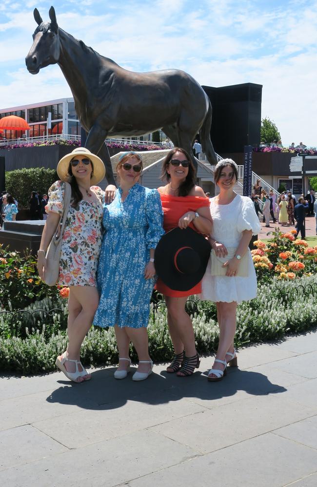 Jeanette, Andrea, Danielle and Rita at the 2024 Crown Oaks Day, held at Flemington Racecourse. Picture: Gemma Scerri