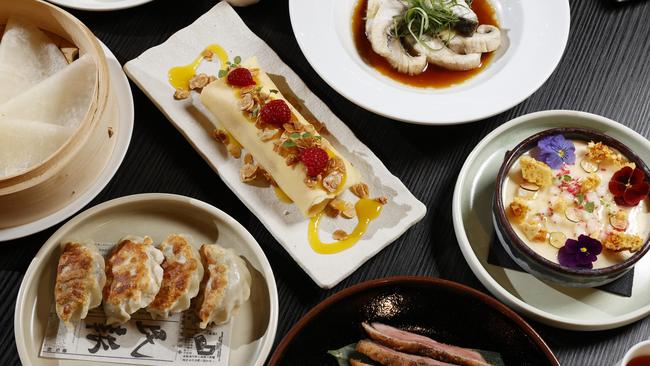 Duck Pancakes, Barramundi Fillet, Pork and Prawn Shu Mai, Vegetable Gyoza, Pork Xiao Long Bao, Hokey Pokey Parfait and ChuÃ&#149;s Mango Pancake at the CHU Restaurant by China Doll. Picture: Jonathan Ng