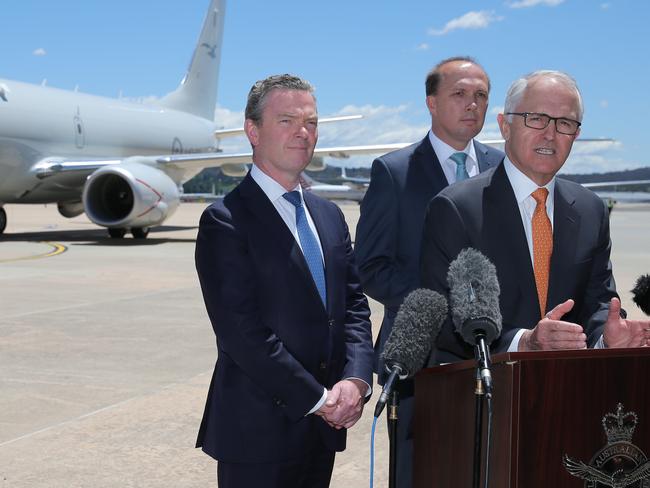 Prime Minister Malcolm Turnbull says he welcomes a strong US, while unveiling the first RAAF P-8A Poseidon Surveillance aircraft in Canberra. Picture: Ray Strange