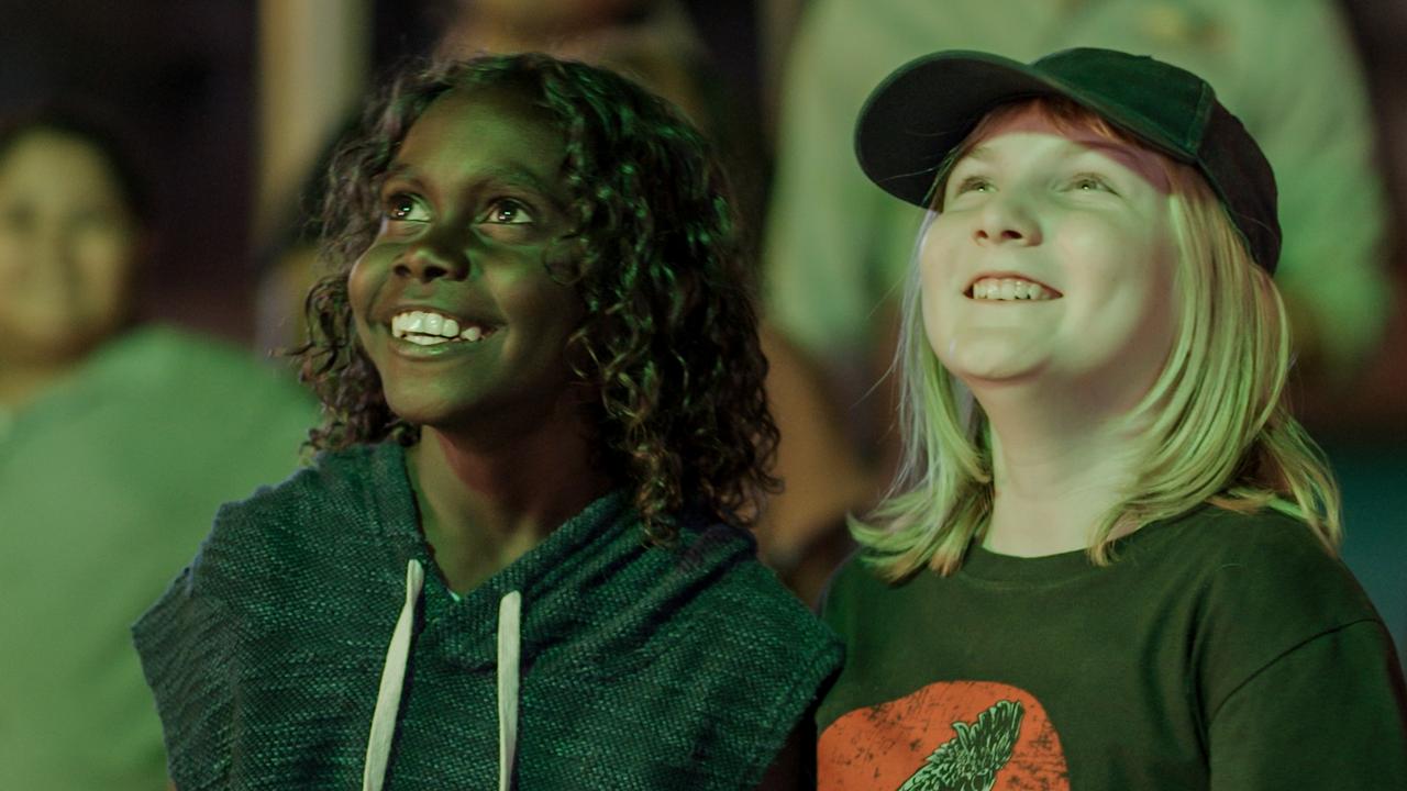 A still shot of characters Tomias and Dahlia in Barrumbi Kids, filmed in Katherine.