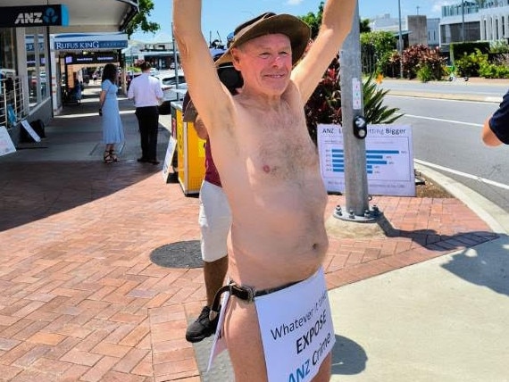 Paul Herman during his protest outside the ANZ branch in Ashgrove.