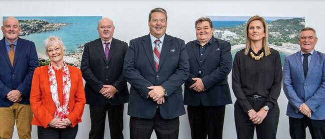 With his Whitsunday Regional Council colleagues, from left: Division 6 Cr Mike Brunker, Division 1 Cr Jan Clifford, Division 5 Cr Gary Simpson, Mayor Andrew Willcox, Division 3 Cr John Collins, Division 4 Cr Michelle Wright, and Division 2 Cr Al Grundy. Picture: WRC