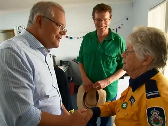 Not My Prime Minister?? Video still from Network 10 news video of PM Scott Morrison meeting an RFS volunteer who when introduced to him said that he was not her Prime Minister. The Project has been caught out for doctoring the video to suggest the woman was attacking the PM, but really she was stating that as a British citizen, her PM is Boris Johnson. Source: Sky News