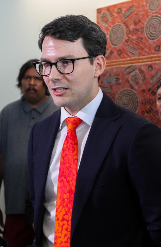 Crown counsel Lachlan Spargo-Peattie celebrates after the High Court ruling over alleged damage by the Director of National Parks to a sacred site at Gunlom Falls, in Kakadu National Park. Picture: Zizi Averill