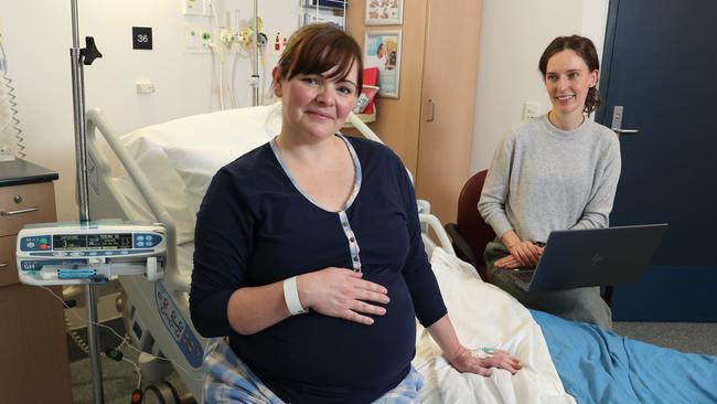 Mother-to-be Liz Evans with parent education midwife Monica Sadowski at Sydney’s Royal Prince Alfred Hospital. Picture: Britta Campion