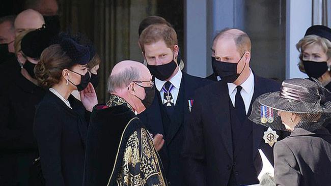 Prince Harry and Prince William walking together after the funeral service for Prince Philip, Saturday April 17, 2021. Picture: BBC.