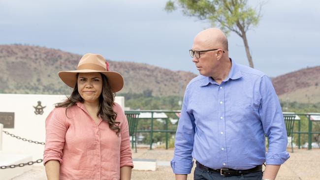 Opposition Leader Peter Dutton with Senator Jacinta Price on Anzac Hill in Alice Springs. Picture: Liam Mendes / The Australian