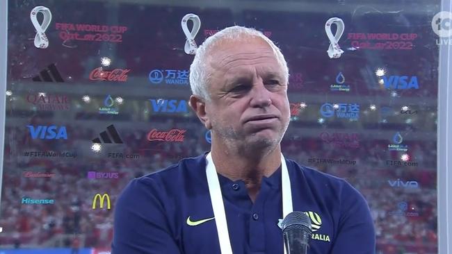 Graham Arnold on Network 10 was briefly lost for words. Photo: Network 10.