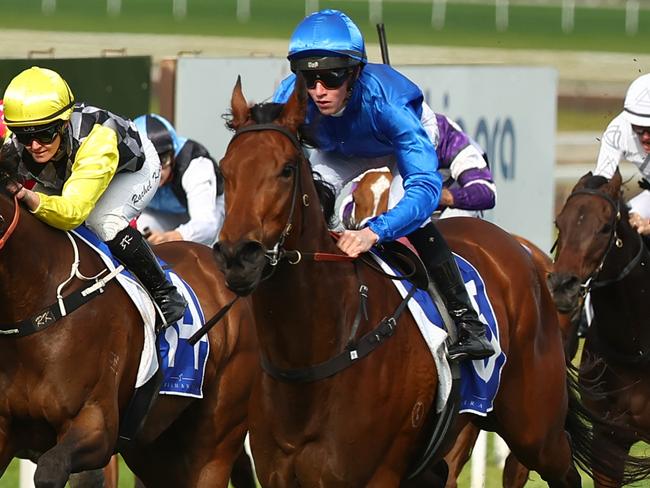 SCONE, AUSTRALIA - MAY 18: Zac Lloyd riding Commemorative   wins Race 6 Yarraman Park Denise's Joy Stakes during the "Coolmore Dark Jewel Day" at Scone Race Club on May 18, 2024 in Scone, Australia. (Photo by Jeremy Ng/Getty Images)