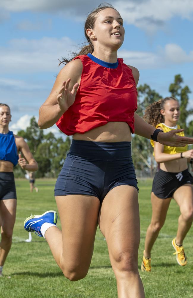 Hayley Reynolds wins the Sunny Queen Women's Gift 75 yards. At the Arthur Postle Gift in Pittsworth. Saturday 18th January, 2025. Picture: Nev Madsen.