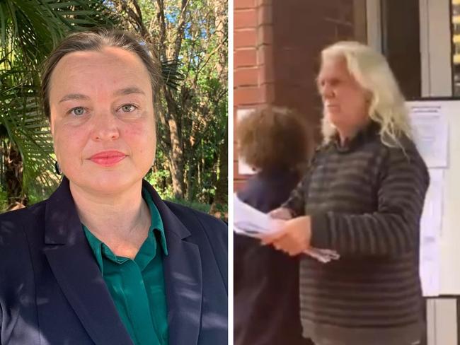 Byron Shire councillor Sarah Ndiaye outside Byron Bay Local Court on Monday, June 7 and John Anderson (aka Fast Buck$) being escorted from the council chambers by police in April. Pictures: Liana Boss