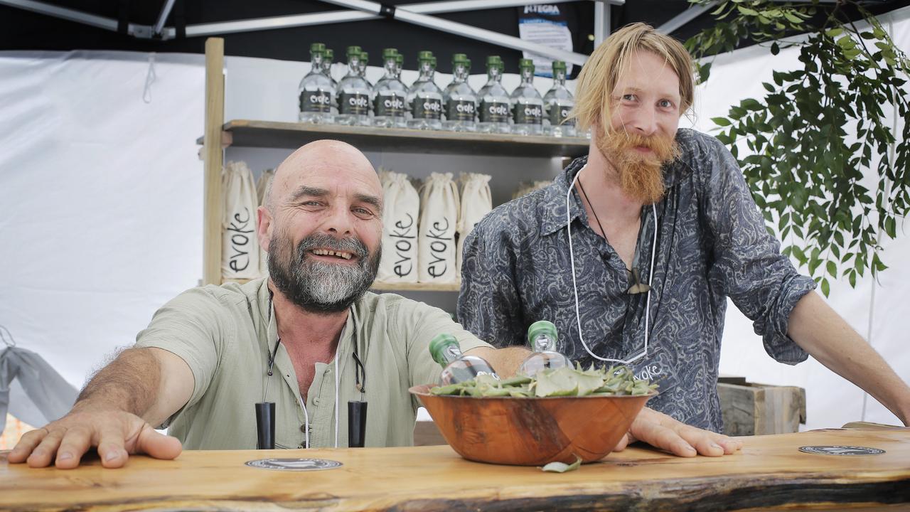 World first sassafras spirit distiller Martin Wohlgemuth and his barman Heath Thiele of Bakehouse Distillery at the Taste of the Huon festival. Picture: MATHEW FARRELL