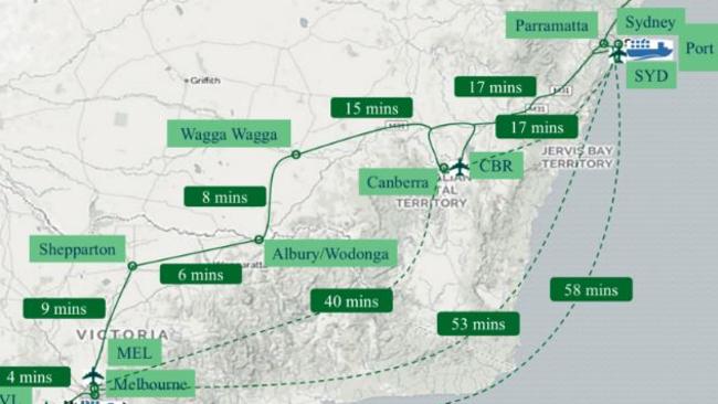 Some possible destinations and the projected time it would take to reach them via Hyperloop and air.