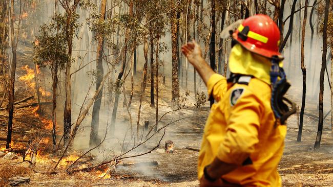 Mr Dalli gives directions at the fire front burning through Ben Bullen. Picture: Sam Ruttyn