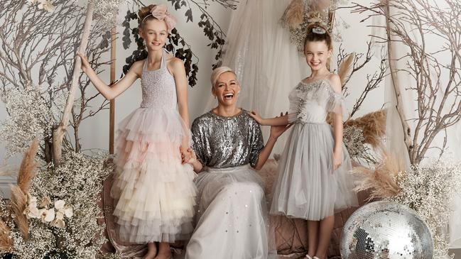 Former television personality Jessica Rowe pictured with her daughters Giselle and Allegra.