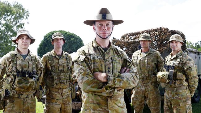 Commanding Officer of the 51st Battalion Lieutenant Colonel Jeremy Schieb and his soldiers Lance Corporal Leigh Sykes, Private Vince Smythe, Private Dave Moss and Private Mark Debono will honour the Far North's Vietnam War veterans at this year's Anzac Day services in Cairns. Picture: Brendan Radke