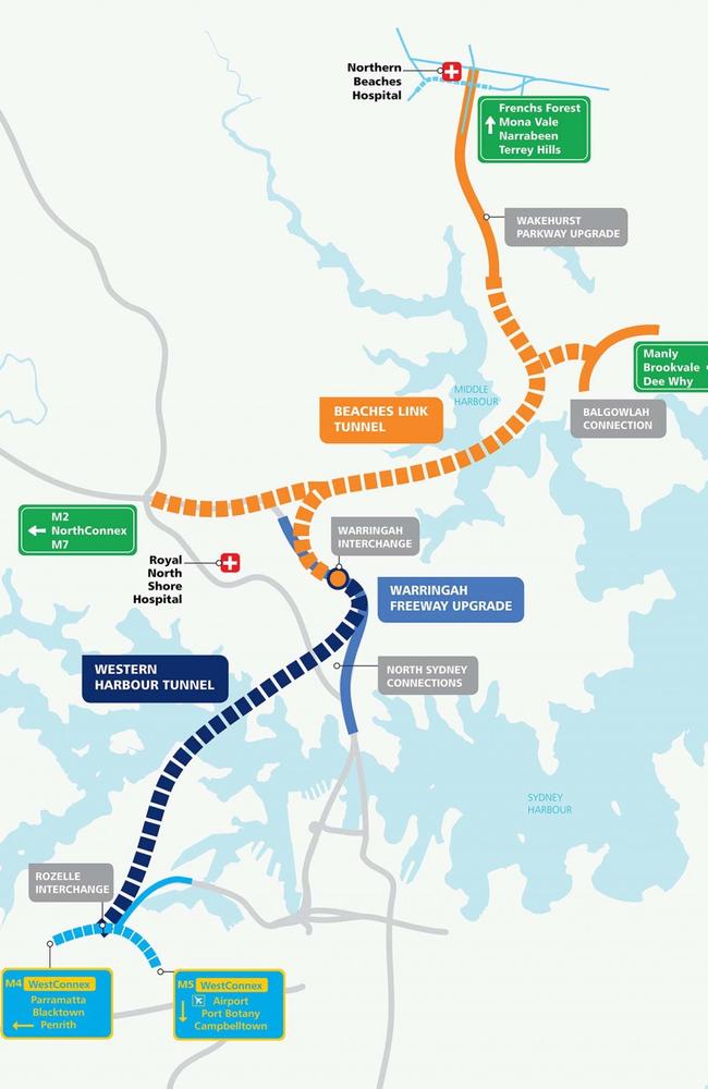 A Beaches Link tunnel graphic from the Transport for NSW website that includes the Western Harbour Tunnel