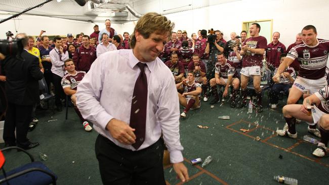 Des Hasler with Manly players in the dressing rooms at the end of the 2008 NRL Grand Final.