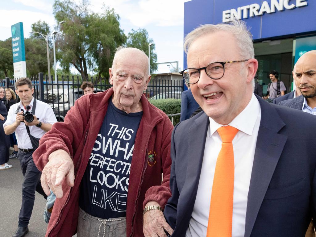 NCA 2025 FEDERAL ELECTION Labor BUS. DAY 4 01/04/2025 Prime Minister Anthony Albanese on the campaign trail In Victoria.   Prime Minister in the electorate of Lalor visiting The Werribee Medicare Urgent Care Clinic  with Minister Penny Wong and the Member for Lalor, Jo Ryan. The Prime minister speaking with Ron outside the clinic who wanted to show him his retirement car also wearing a t-shirt saying ÃThis is what perfection looks likeÃ Picture: Jason Edwards / NewsWire