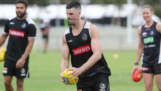 Scott Pendlebury in action at Collingwood training. Picture: David Crosling