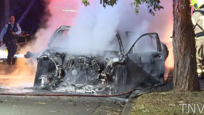 Three cars were found on fire in nearby suburbs, including this one in Kingsgrove. Picture: TNV