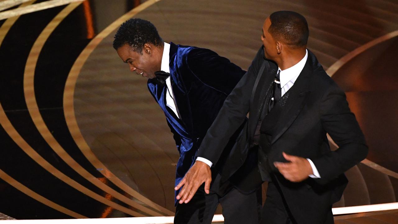 Will Smith (right) slaps host Chris Rock onstage during the 94th Oscars at the Dolby Theatre in Hollywood in March. Picture: Robyn Beck/AFP