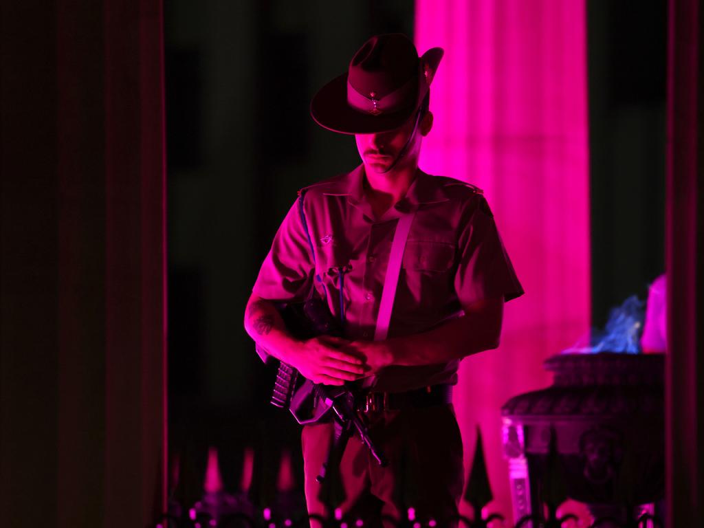A soldier stands during the ANZAC Day Dawn Service held in Brisbane. Picture: NCA NewsWire/Tertius Pickard