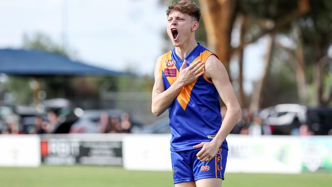 EDFL: Deer Park v St Albans at John McLeod Reserve. 22nd April 2023. N. Aleksovski of Deer Park celebrates his goal. Picture : George Sal