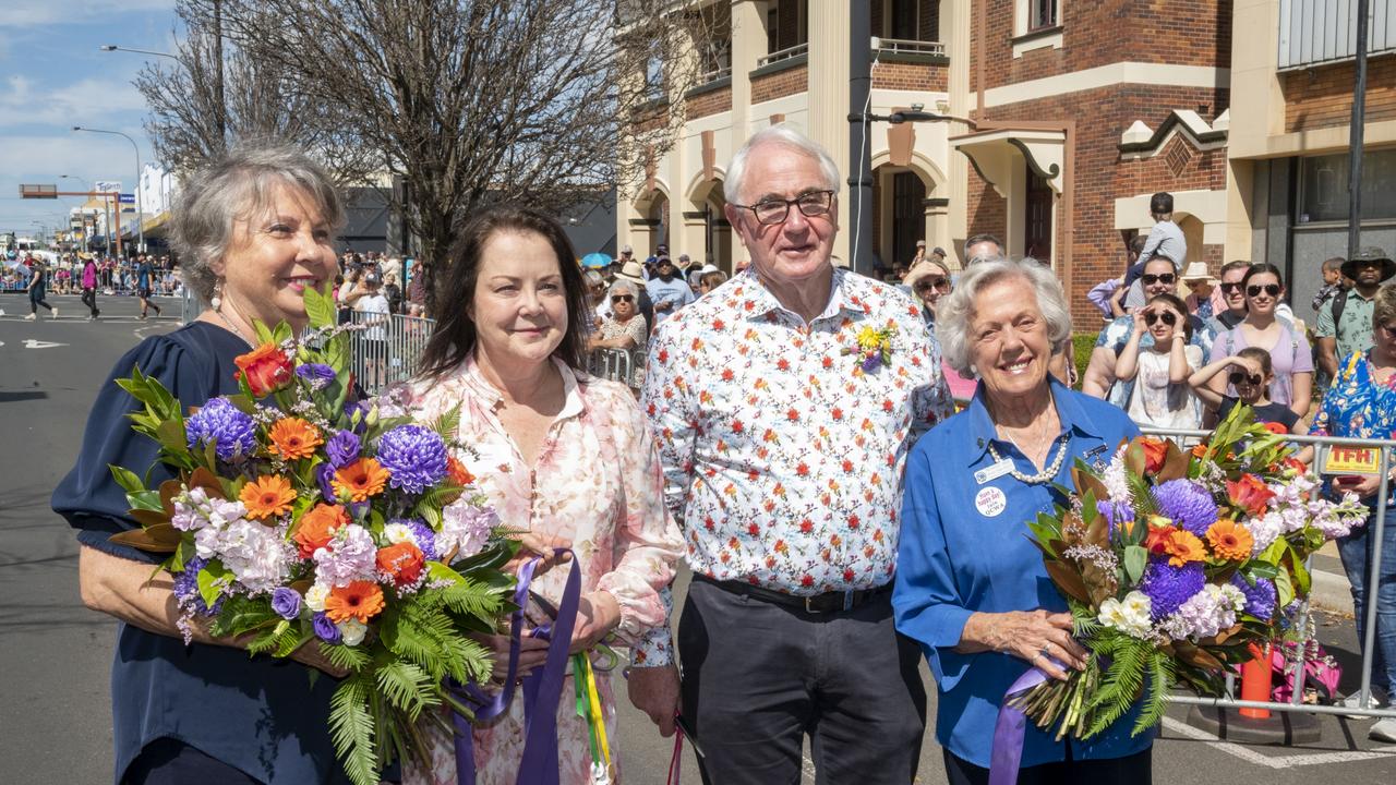 Carol Jackson, QCWA, Claire Torkington, Grand Central centre manager, TRC mayor Paul Antonio and Frances Tilly, QCWA open the Grand Central Floral Parade. Saturday, September 17, 2022. Picture: Nev Madsen.