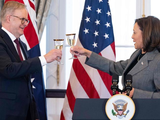 US Vice President Kamala Harris toasts Australian Prime Minister Anthony Albanese during a State Luncheon hosted by at the State Department in Washington, DC, October 26, 2023. (Photo by SAUL LOEB / AFP)