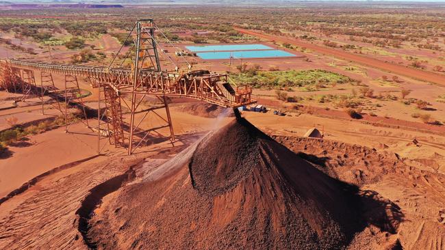 Ore stockpile at BHP's Jimblebar iron ore mine in the Pilbara region, Western Australia.