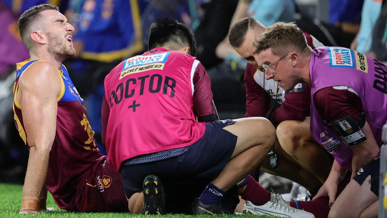 Daniel McStay hurt his ankle in the big win over the Eagles. Picture: Russell Freeman/AFL Photos