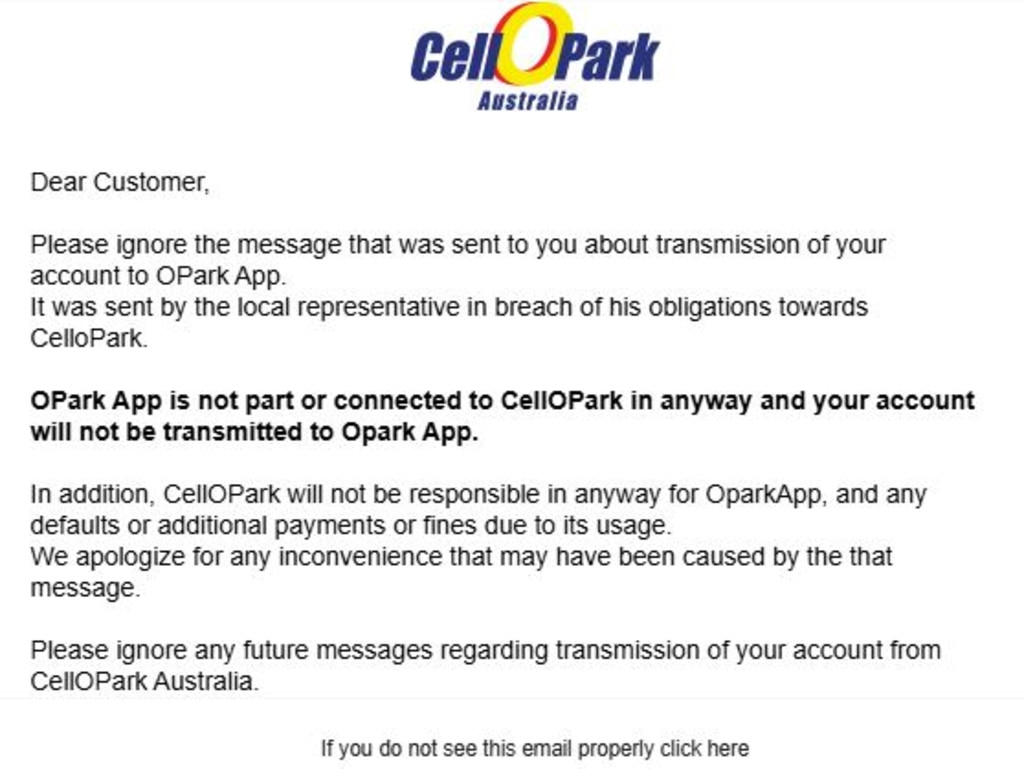 The email sent by CellOPark to customers on December 19.