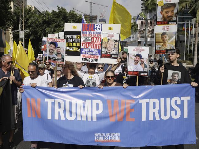 Families of hostages march to the US Embassy calling for a hostage deal prior to the release of Edan Alexander. Picture: Amir Levy/Getty Images