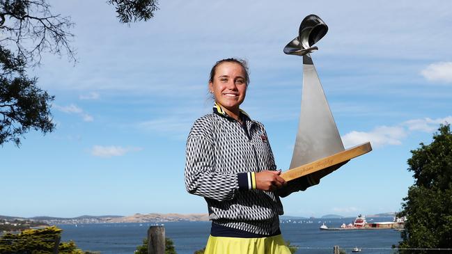 Winner of the 2019 Hobart International tennis tournament Sofia Kenin from the USA at Government House in Hobart with the trophy. This is her first WTA tournament win. Picture: NIKKI DAVIS-JONES