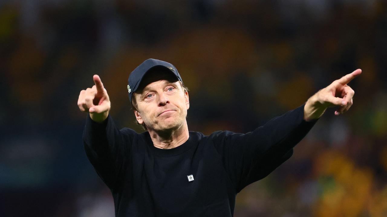 Australia's coach Tony Gustavsson celebrates his team's victory. Picture: AFP