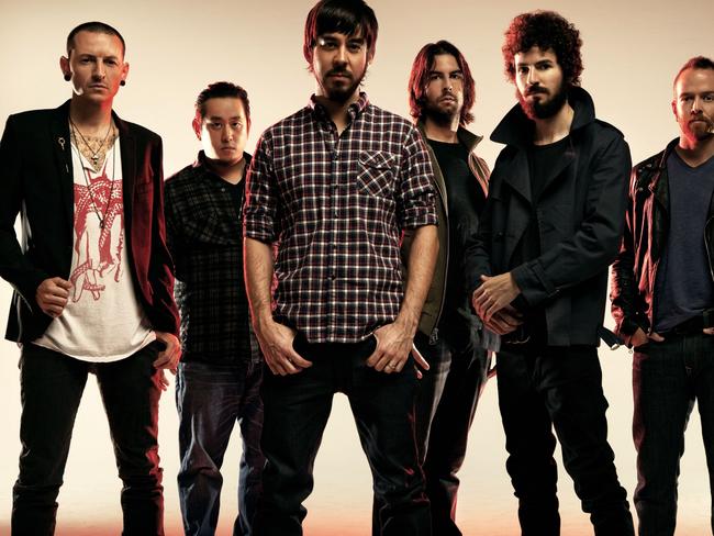 US band Linkin Park. (L to R) Chester Bennington, Joe Hahn, Mike Shinoda, Rob Bourdon, Brad Delson and Phoenix. Picture: Supplied