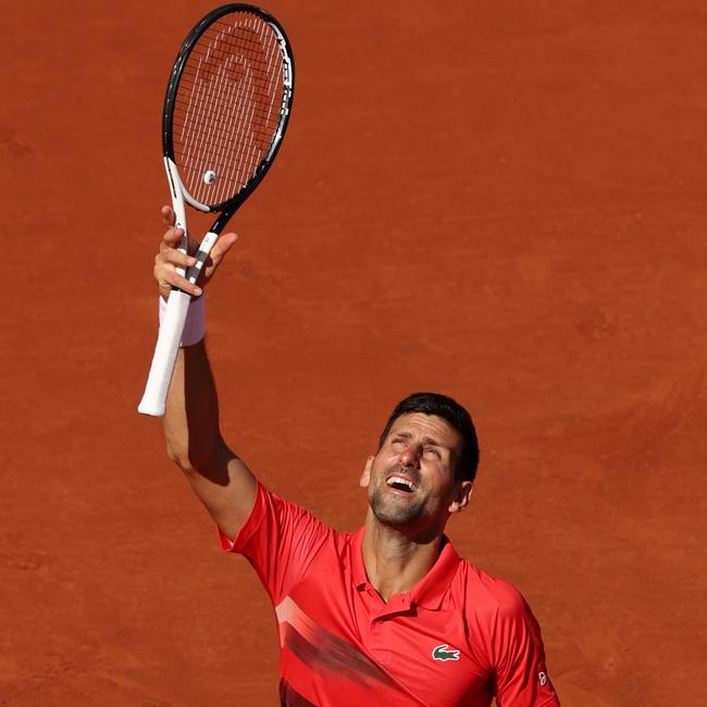 Novak Djokovic of Serbia celebrates after winning match point against Aljaz Bedene of Slovenia during the Men's Singles Third Round match on Day 6 of The 2022 French Open. Picture: Clive Brunskill/Getty Images