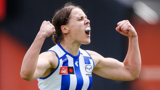 Jasmine Garner celebrates a goal for the Kangaroos. Picture: Getty Images