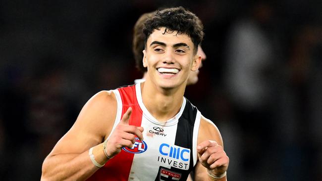 MELBOURNE, AUSTRALIA - MAY 02: Hugo Garcia of the Saints celebrates kicking a goal during the round eight AFL match between St Kilda Saints and Fremantle Dockers at Marvel Stadium, on May 02, 2025, in Melbourne, Australia. (Photo by Quinn Rooney/Getty Images)